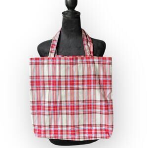 J. Crew RE-IMAGINED Red, White, & Light Blue Plaid 100% Cotton Tote Bag One Size